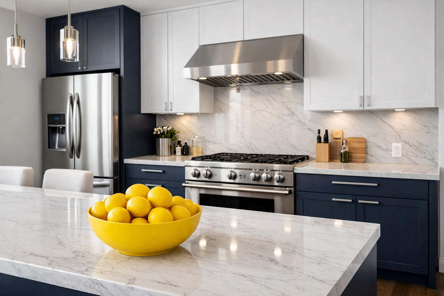 Spotless modern kitchen with navy blue cabinets and marble countertops in a Boston apartment move-out cleaning.