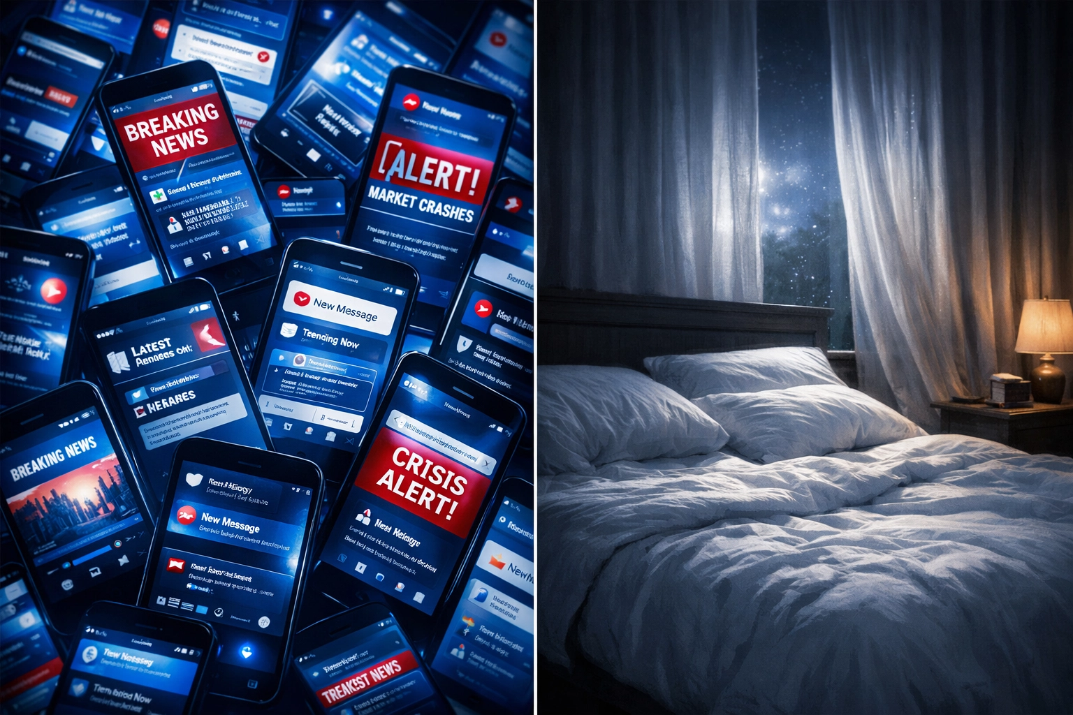 Contrast between anxious news scrolling on phones and peaceful bedroom rest at night