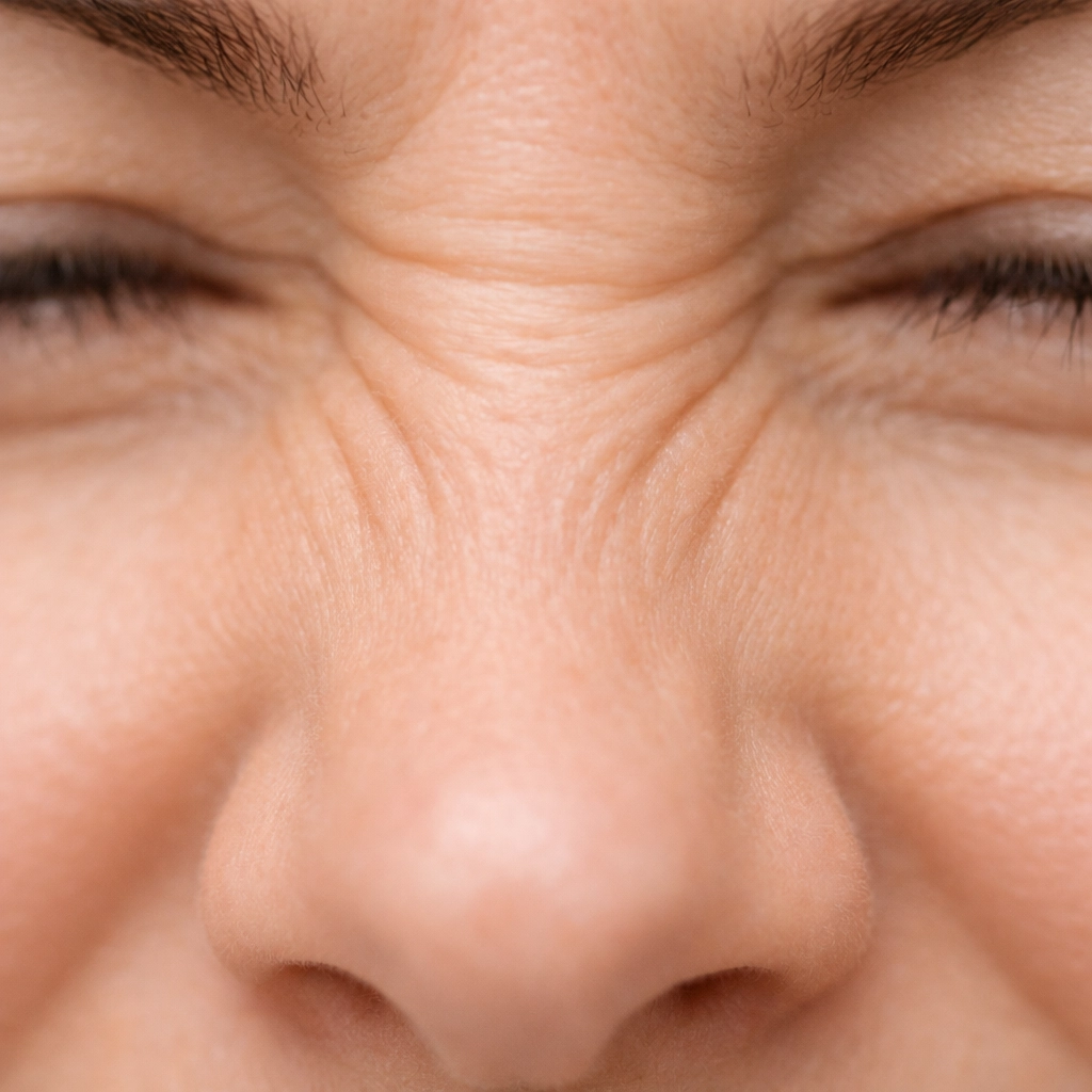 Close-up of bunny lines on nose bridge showing nasal wrinkles before wrinkle reduction treatment