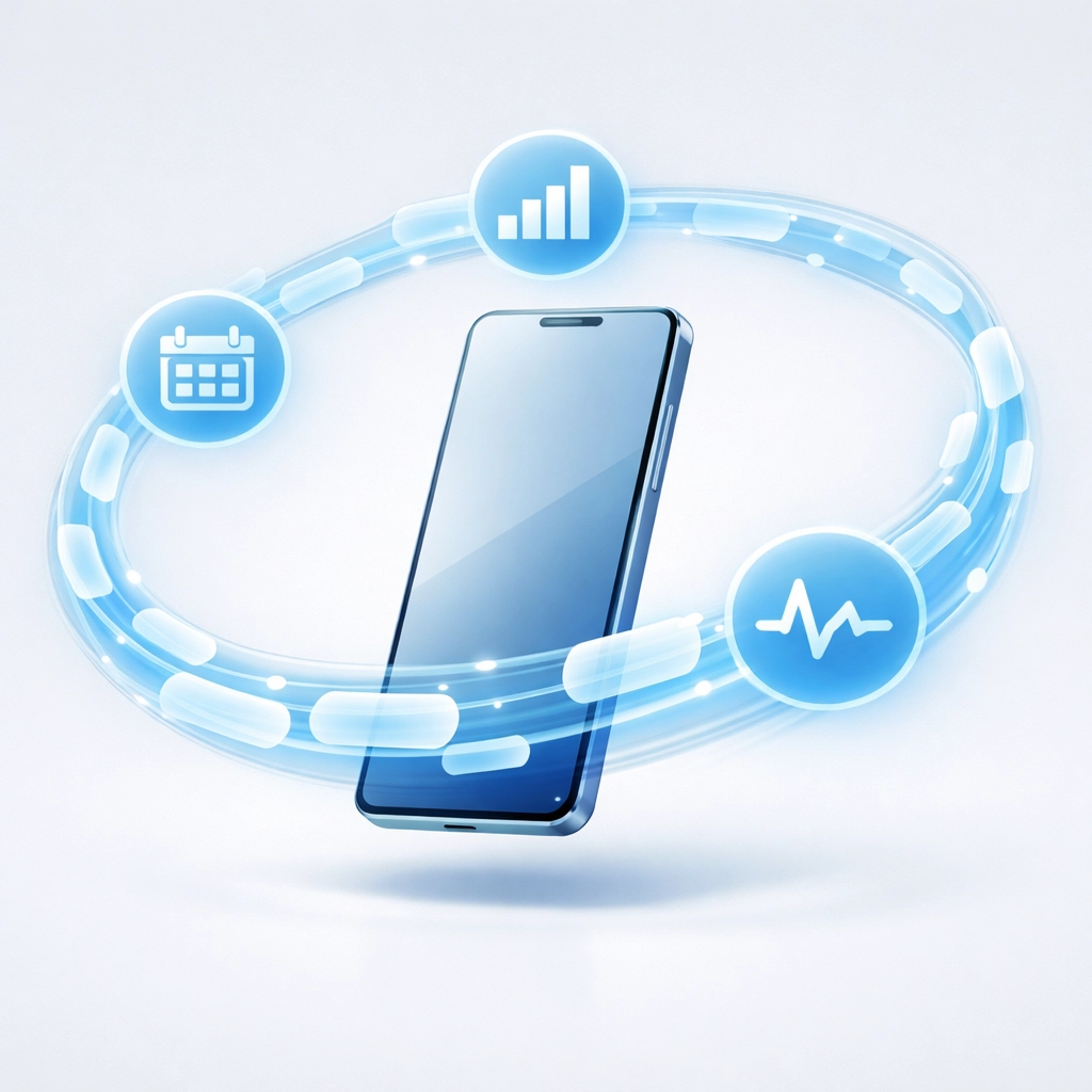 Automated patient communication system showing reminders and health progress tracking on a mobile device.