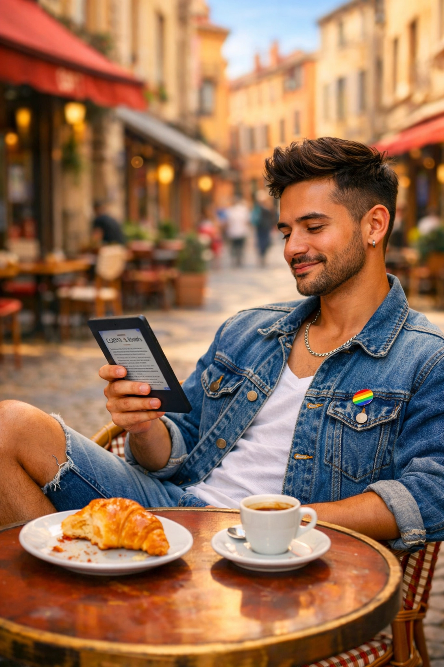 A young queer man reading an LGBTQ+ ebook at a charming sidewalk cafe in historic Vieux Lyon.