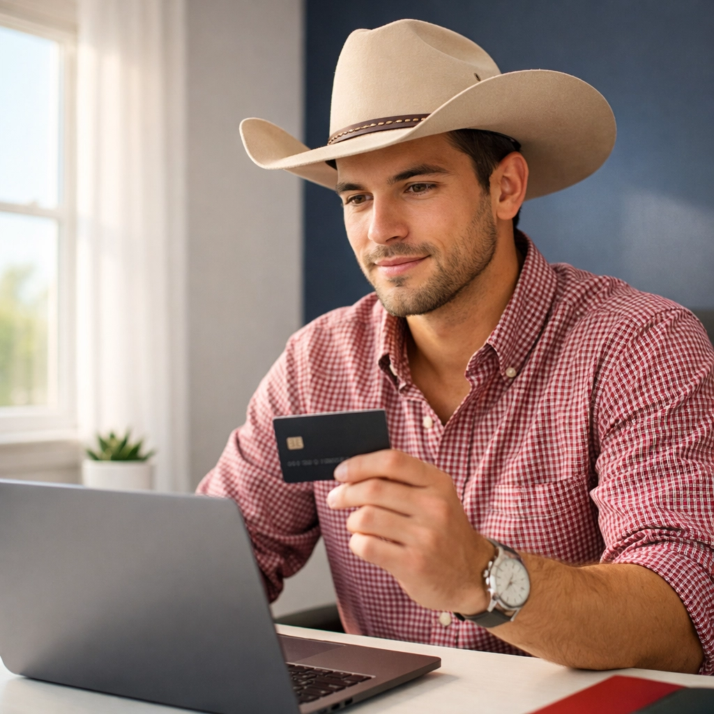 Young man in Clear Lake home office using a secured credit card to build his credit score in Texas.