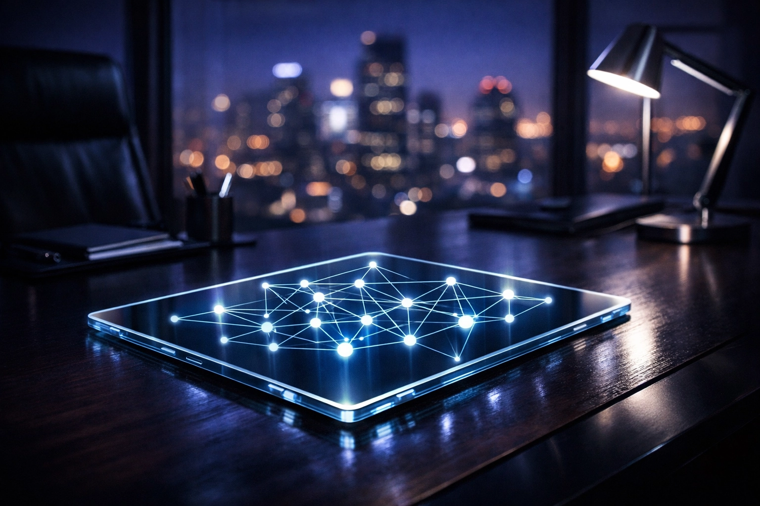 A glowing digital network map on a tablet in an executive office, illustrating 24/7 IT oversight and AI governance.