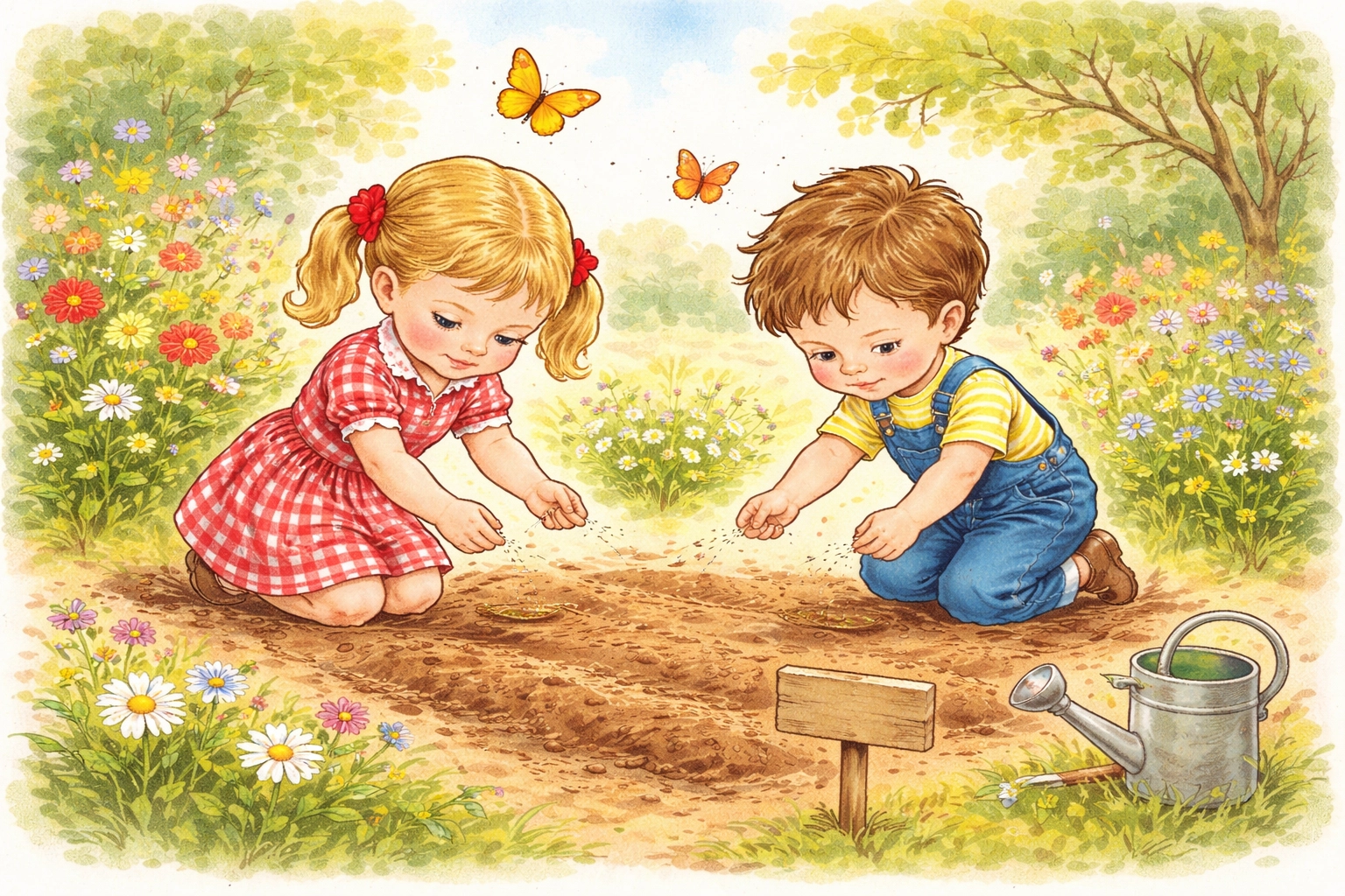 Children scatter seeds in a sunlit garden bed, beginning their first salad garden planting adventure.