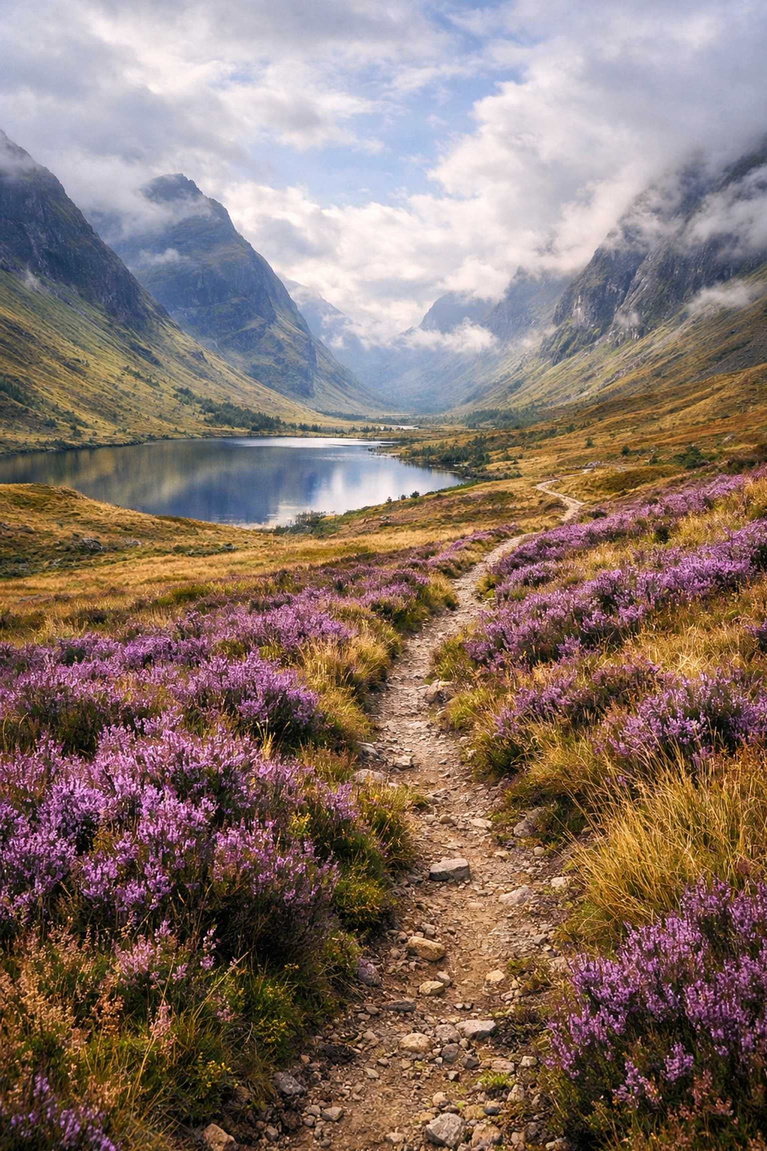 A trail through purple heather in the Glencoe valley, Scottish Highlands, a highlight of guided hiking tours UK.