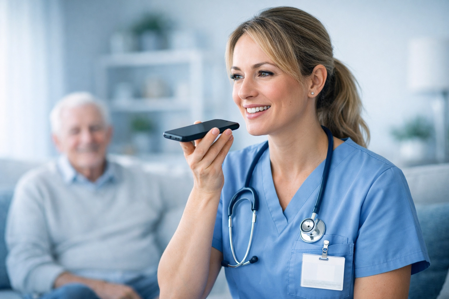 Home health nurse using medical dictation software for real-time AI clinical documentation during a patient visit.