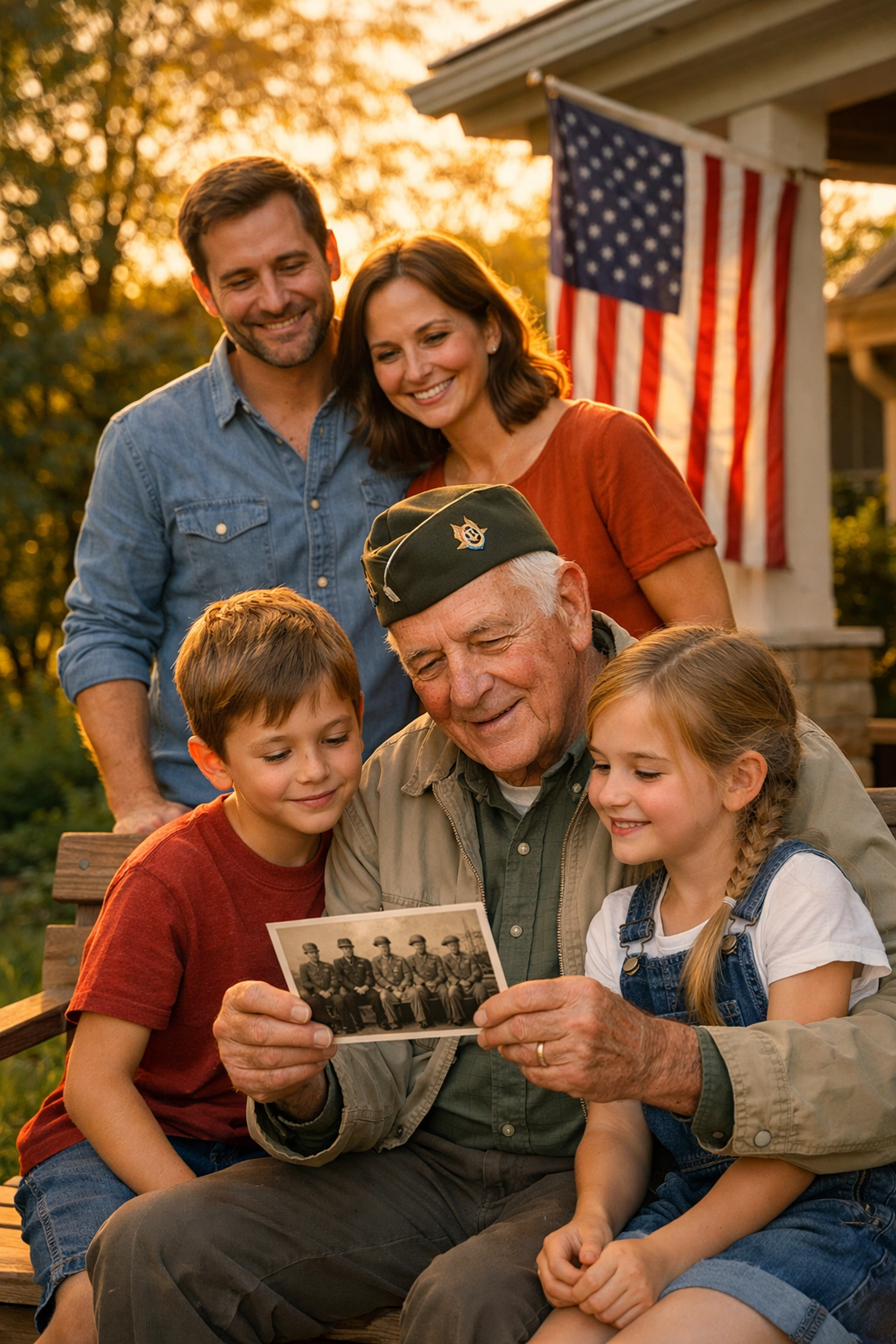 A veteran grandfather showing military photos to his grandchildren to keep his legacy alive.