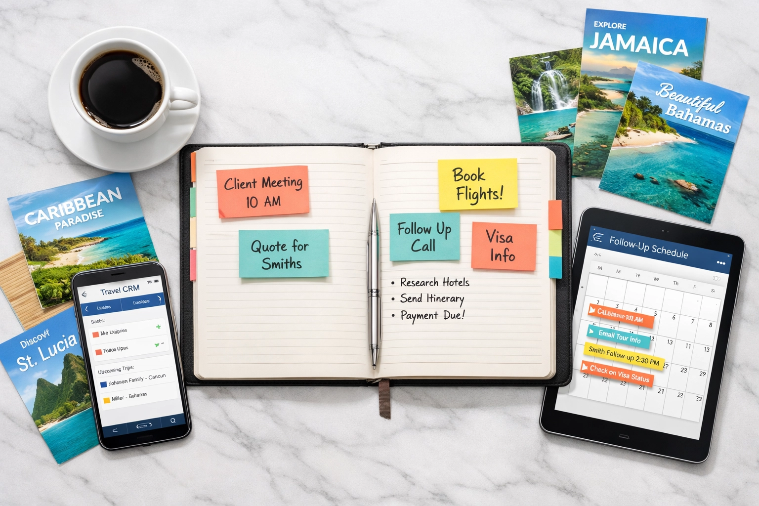 Travel agent workspace with CRM system and planner for tracking email follow-ups and bookings
