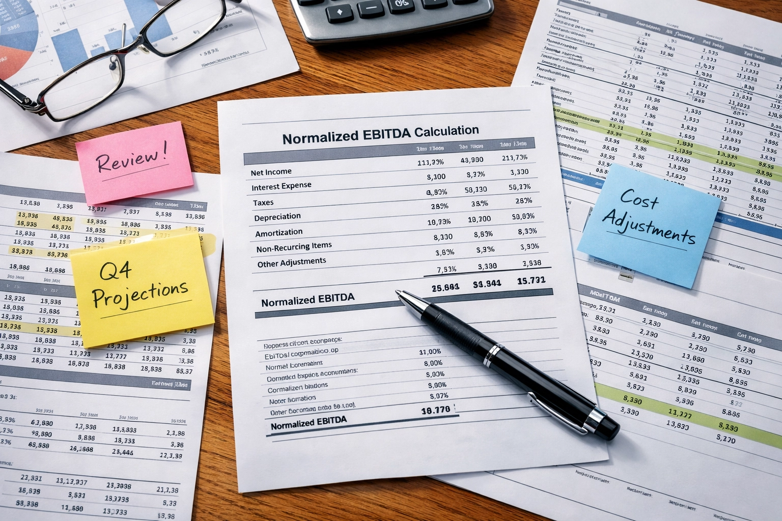 Professional business valuation documents showing normalized EBITDA calculations and analysis
