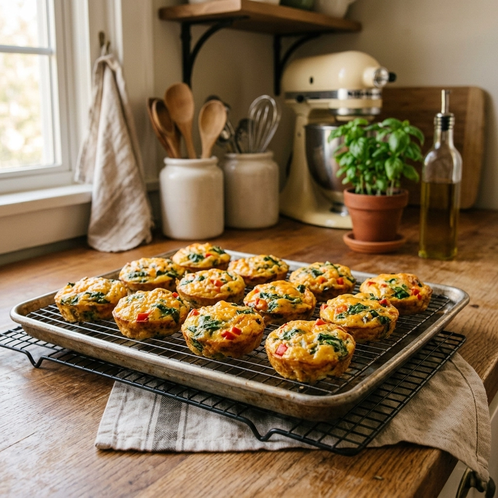 A tray of golden-brown spinach and pepper egg muffins