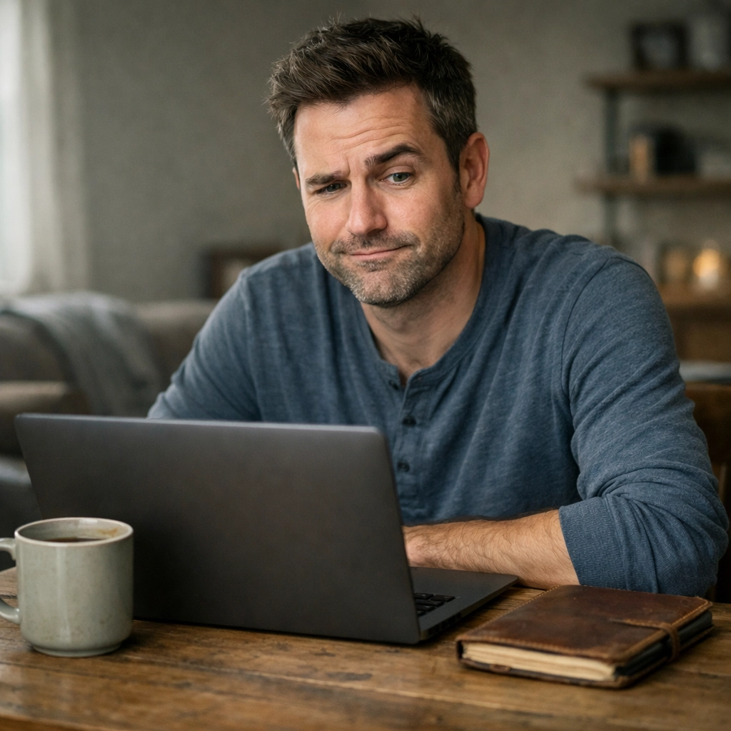 Sceptical man at a kitchen table home office vetting affiliate marketing side hustle opportunities.