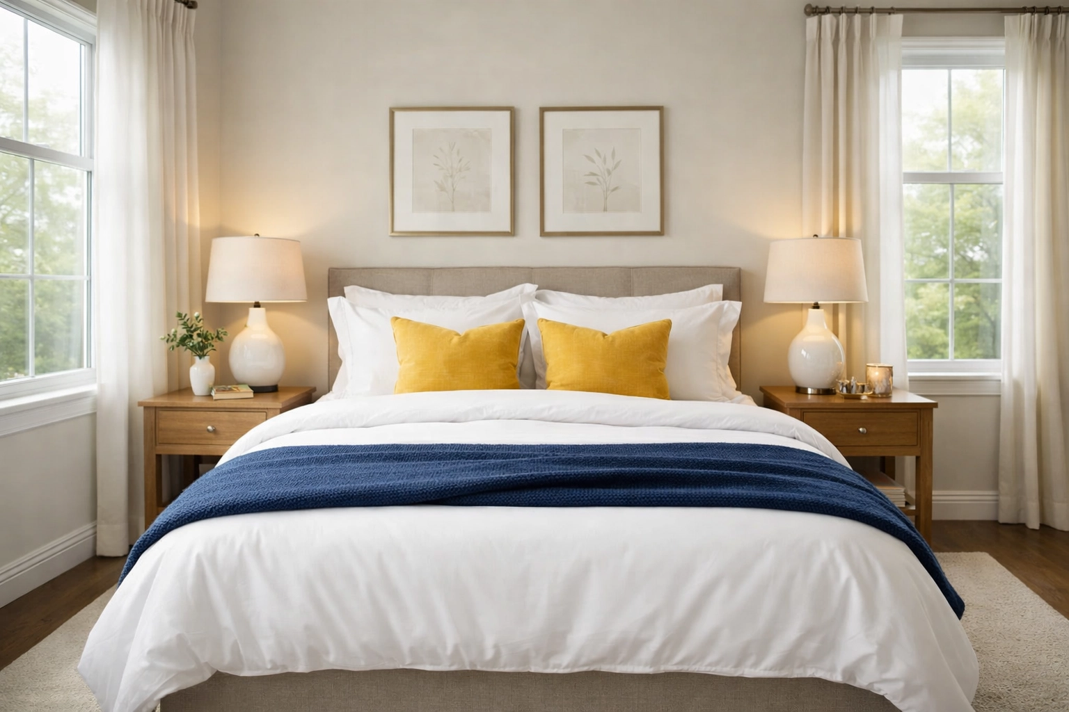 Serene, clutter-free bedroom in Leominster MA reflecting regular weekly house cleaning maintenance.