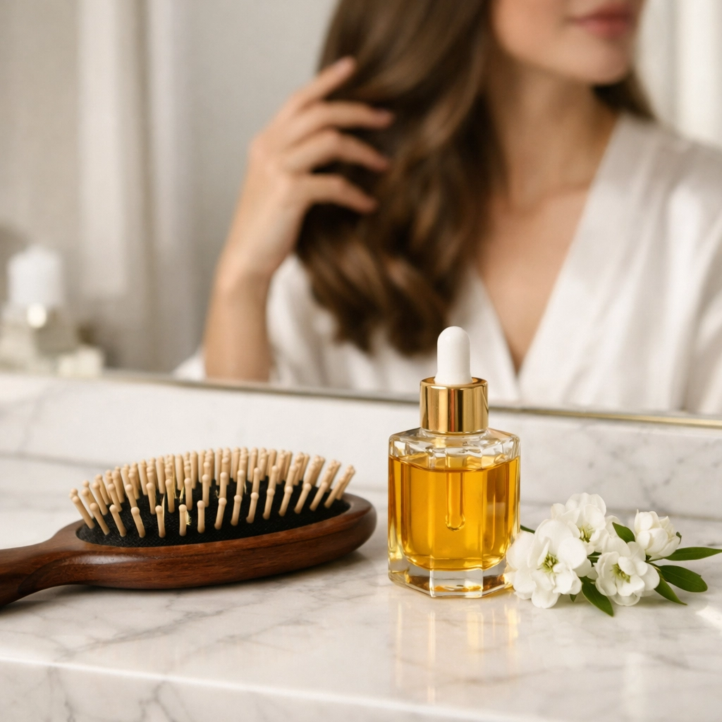 Minimalist hair care products including oil and a brush for maintaining salon-quality hair at home.