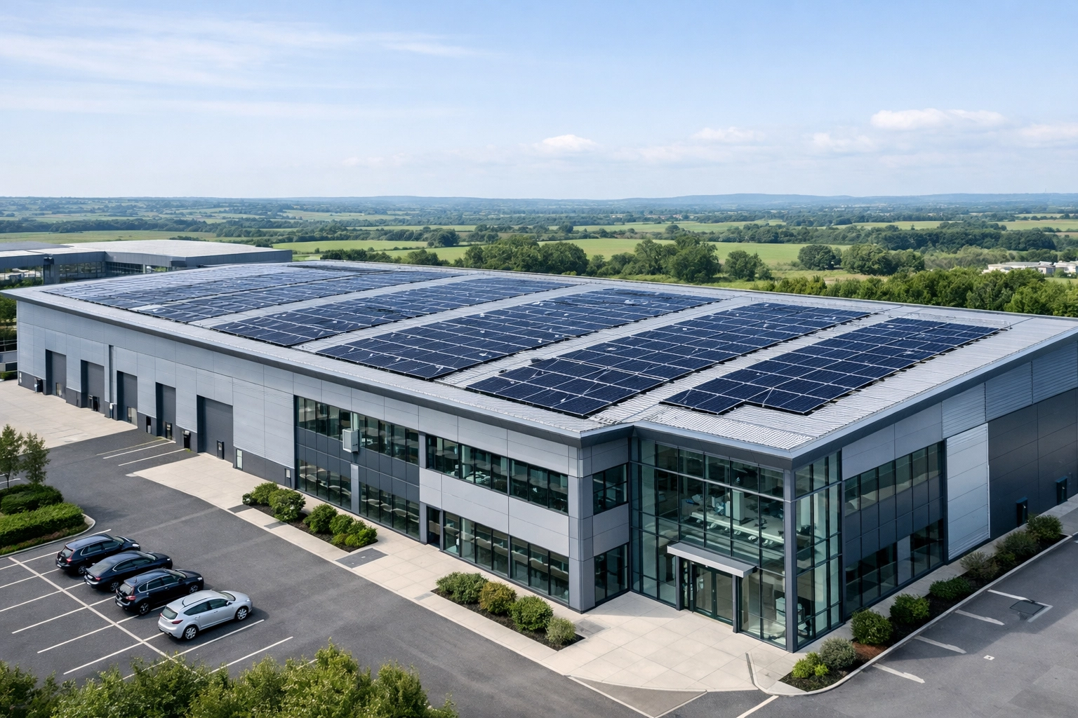 Commercial solar panels installed on a modern business premises in Dorset for energy independence.