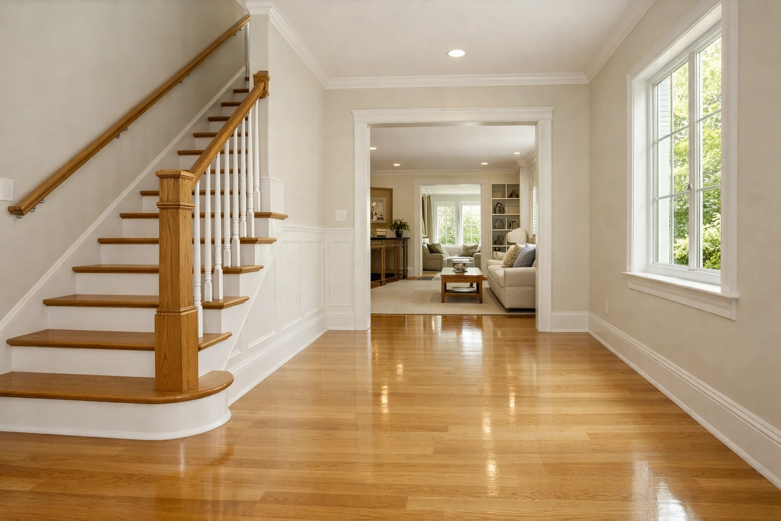 A clear and clutter-free staircase landing in a well-lit home entryway for safe indoor mobility.