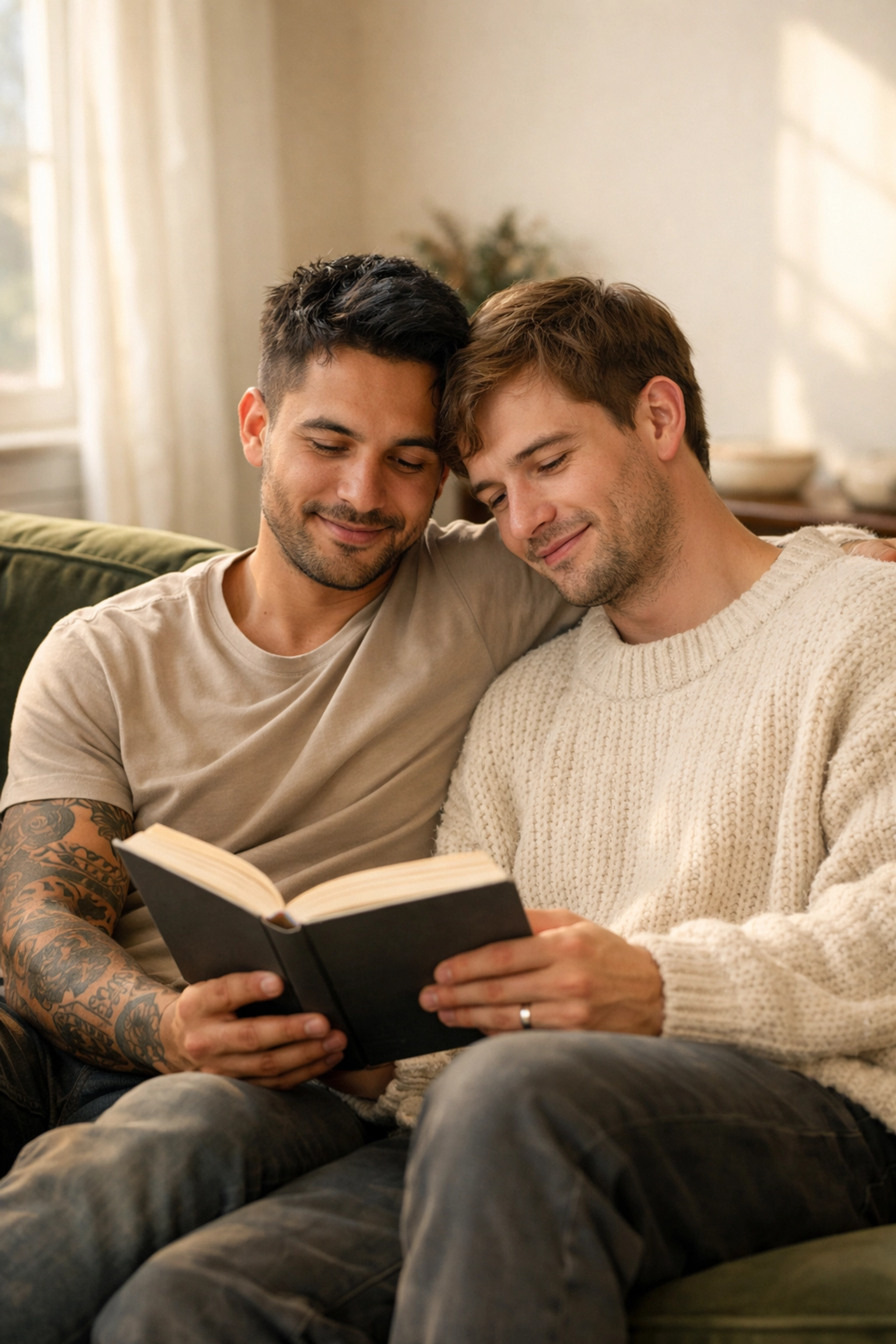 Two men share a quiet moment reading together on a sofa, illustrating the heart of an MM romance story.