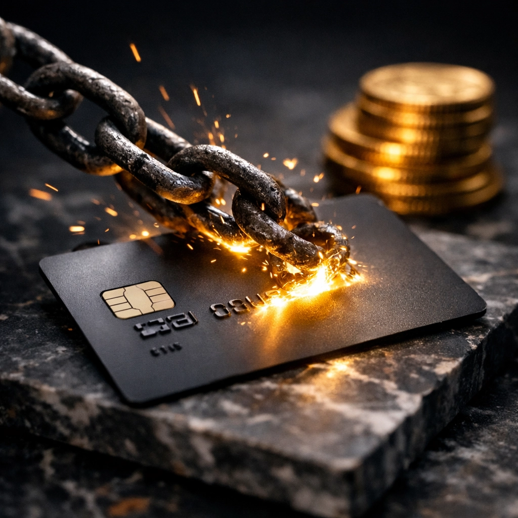 Credit card being freed from iron chains to symbolize debt reduction and credit utilization improvements.
