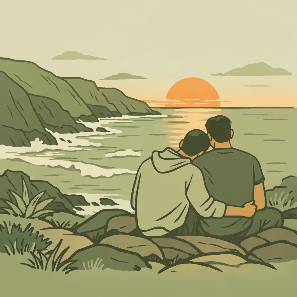 Gay couple overlooking Wild Coast beaches and dramatic cliffs in South Africa