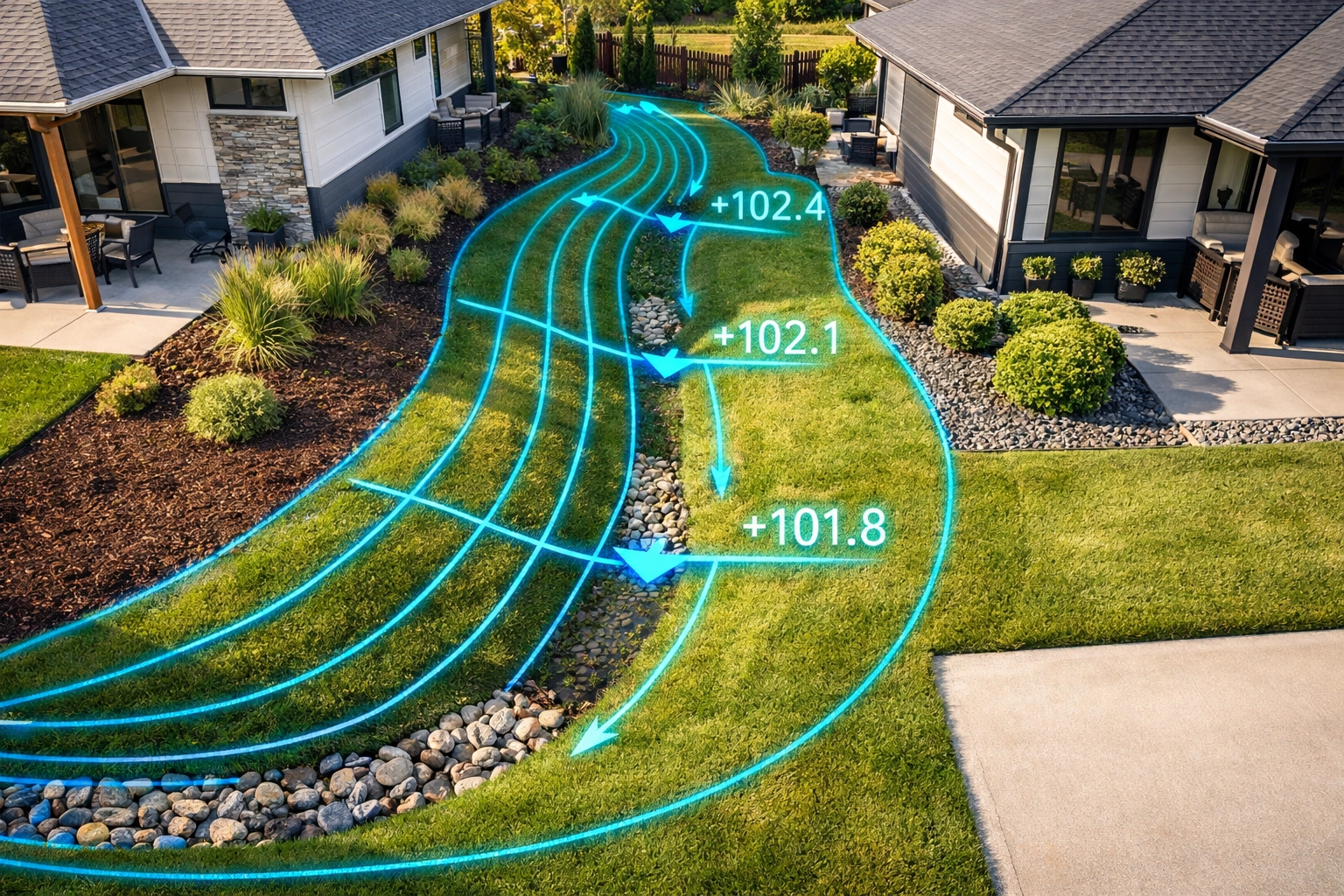 Professional site grading plan featuring a drainage swale at the property line to prevent neighbor flooding.