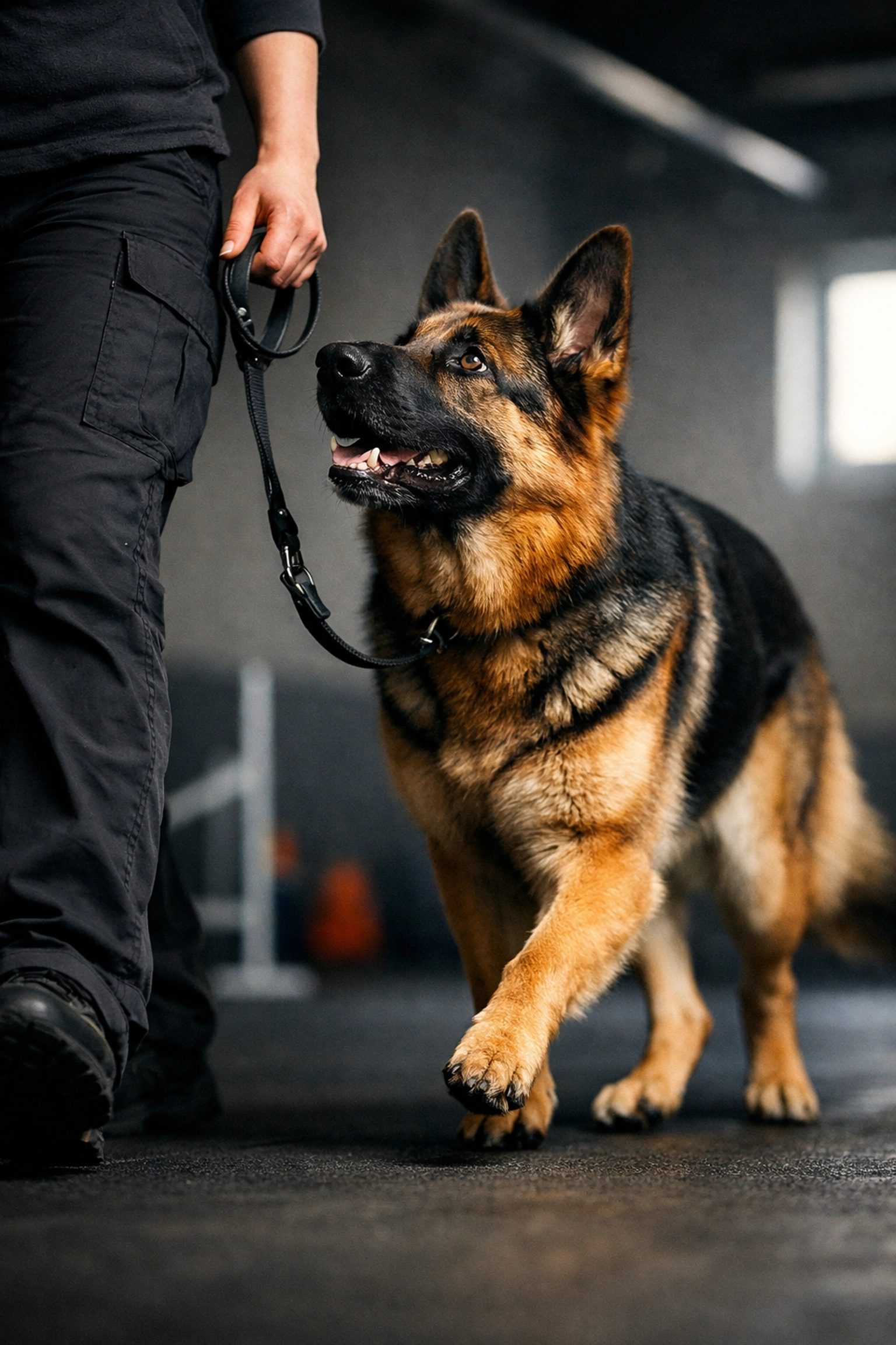 German Shepherd practicing leash walking during board and train program at Prince Albert facility