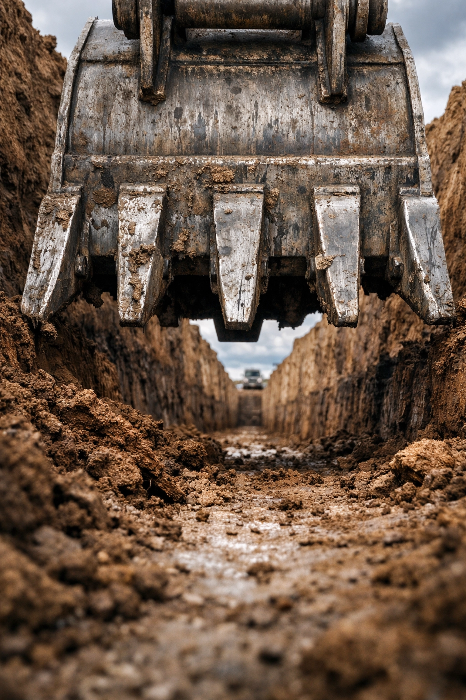 Excavator bucket digging a precise foundation trench for a new Michigan construction project.