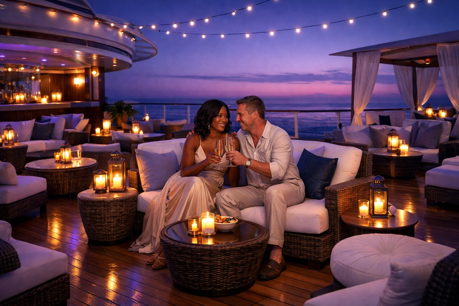 Couple enjoying champagne on elegant Desire luxury cruise ship deck