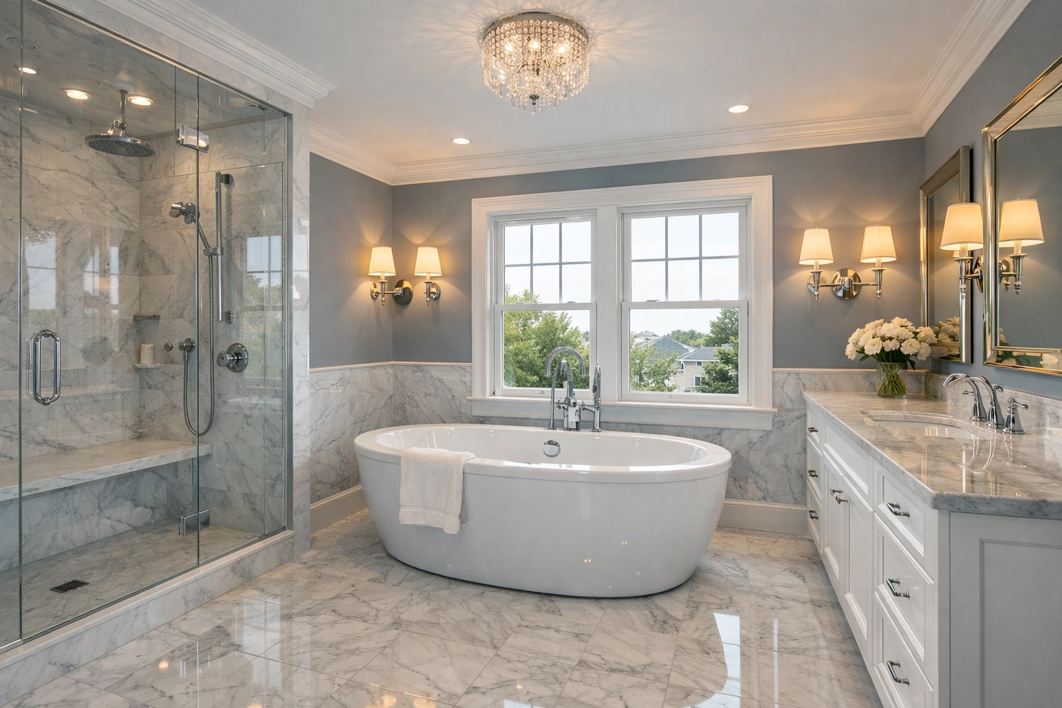Sparkling clean luxury bathroom in a Boston home after professional deep cleaning services.