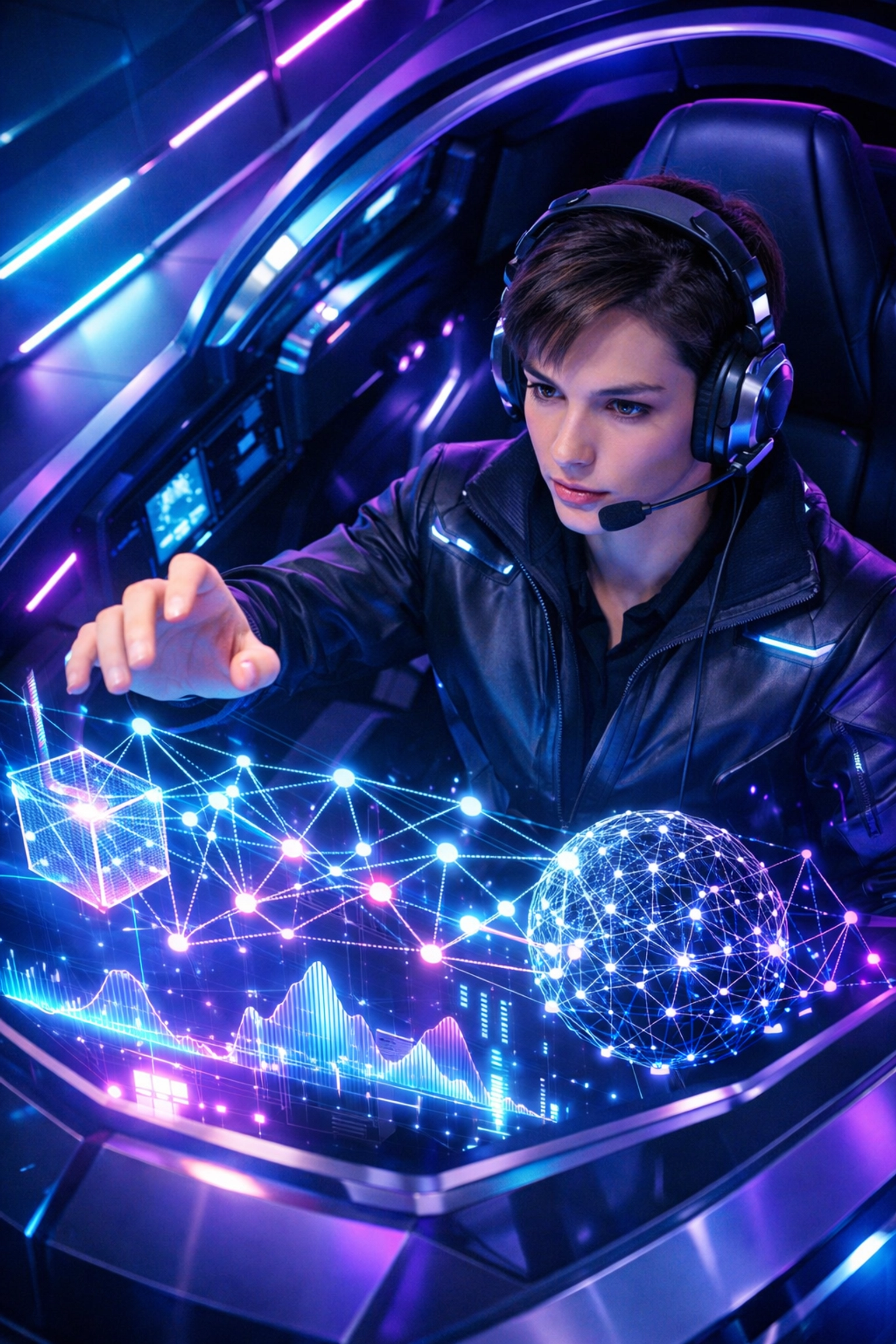 A student in an AI learning lab pod using holographic technology for professional career development.