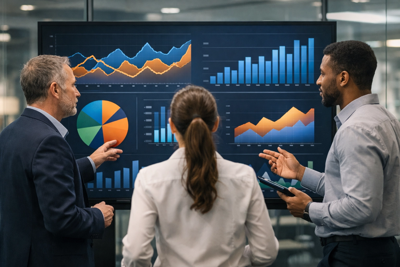 Cinematic realistic team reviewing performance metrics on a large display with abstract charts and no text