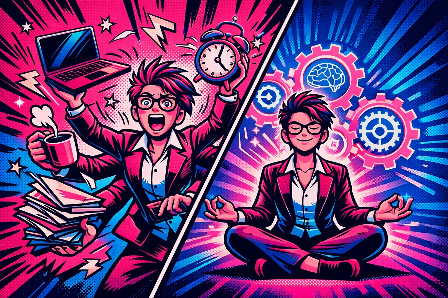 Illustration of a business founder moving from juggling tasks to calm productivity with AI.