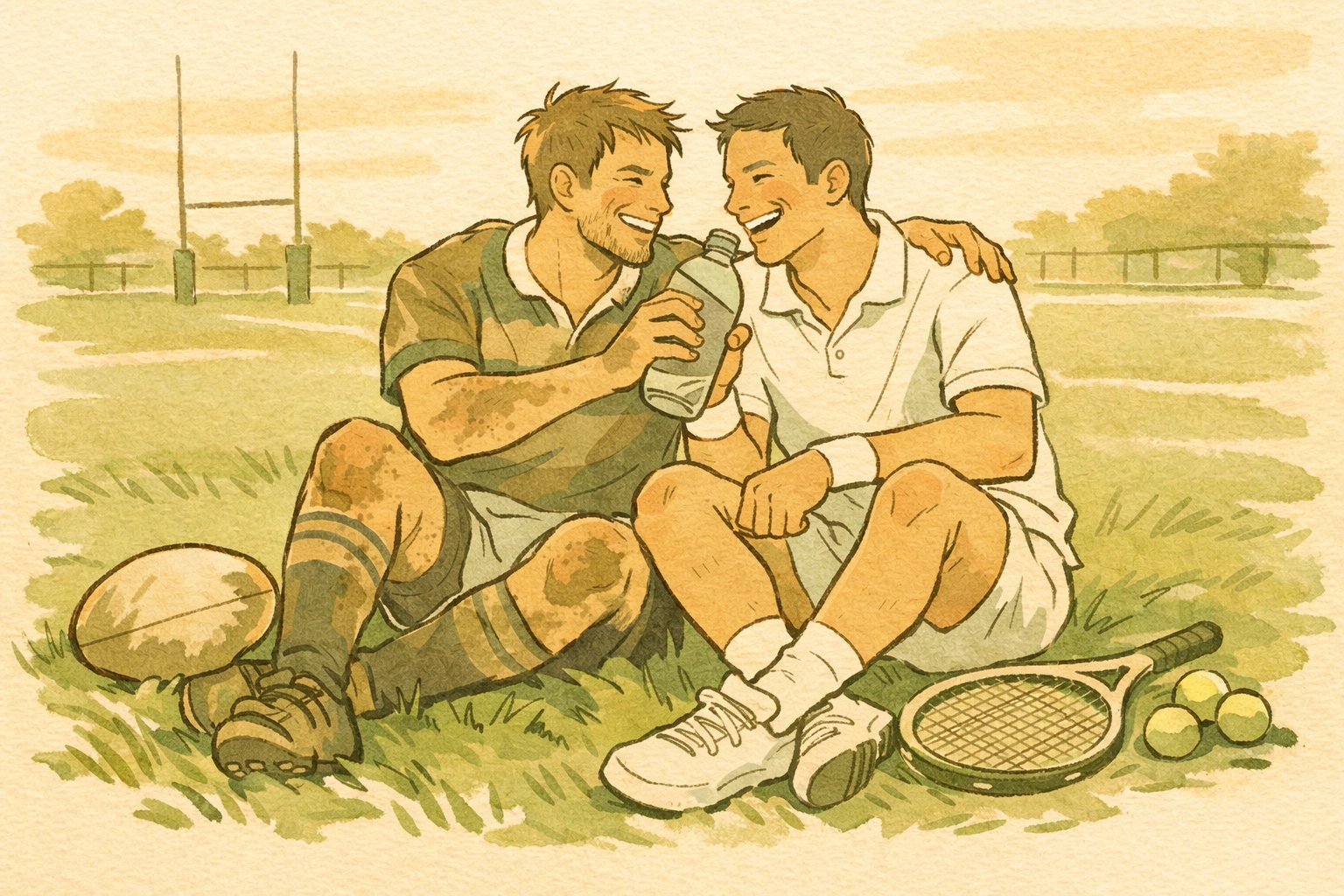 MM couple relaxing together after practice, rugby player and tennis athlete building connection