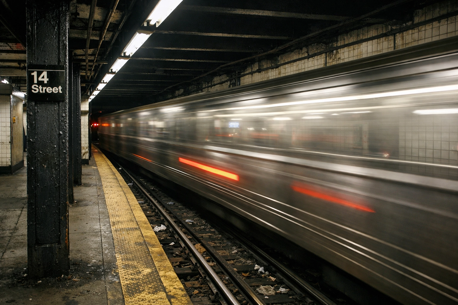 Motion blur of a subway train at a gritty NYC station, perfect for urban street photography.