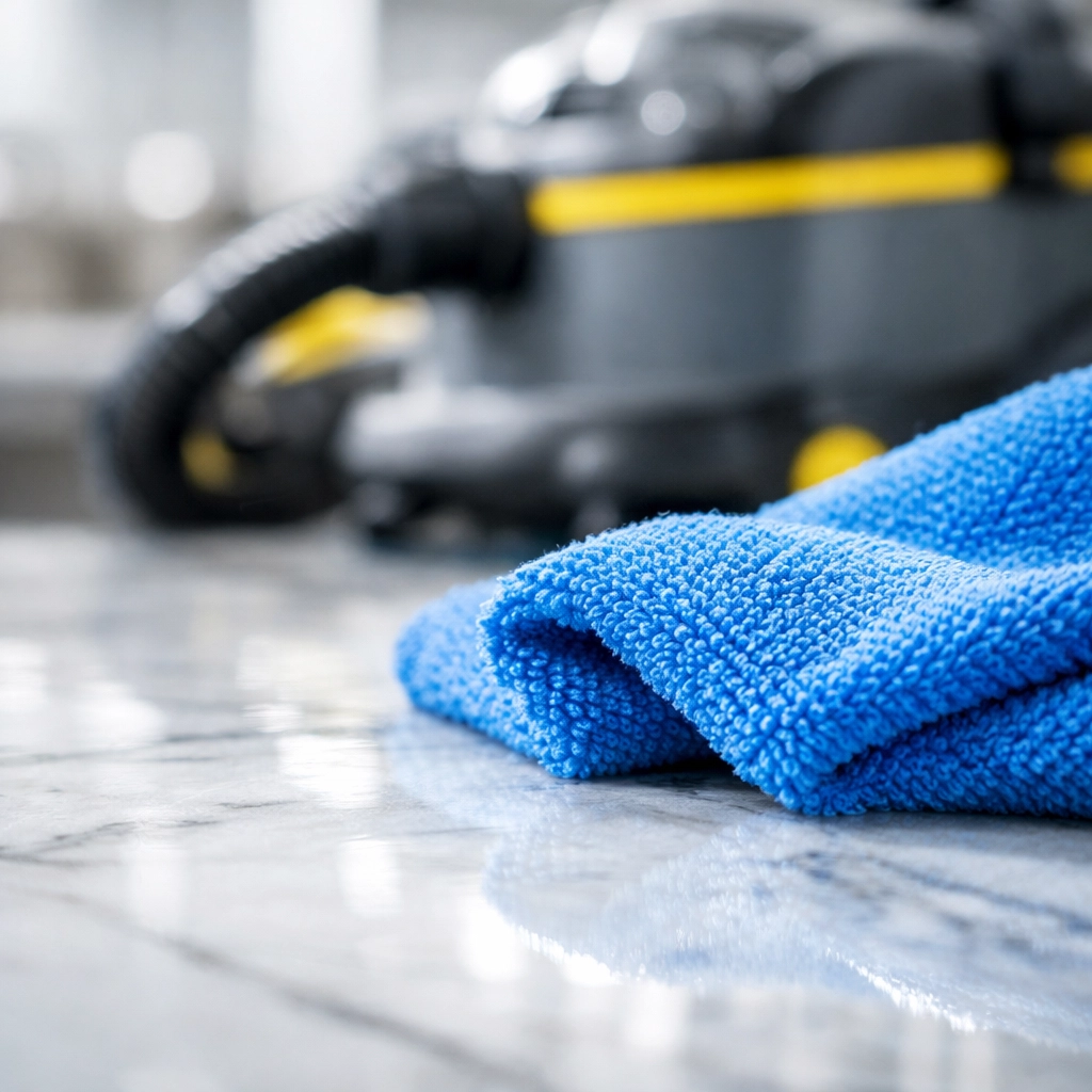 Using microfiber cloths for post-construction cleaning MA to protect luxury marble kitchen countertops.