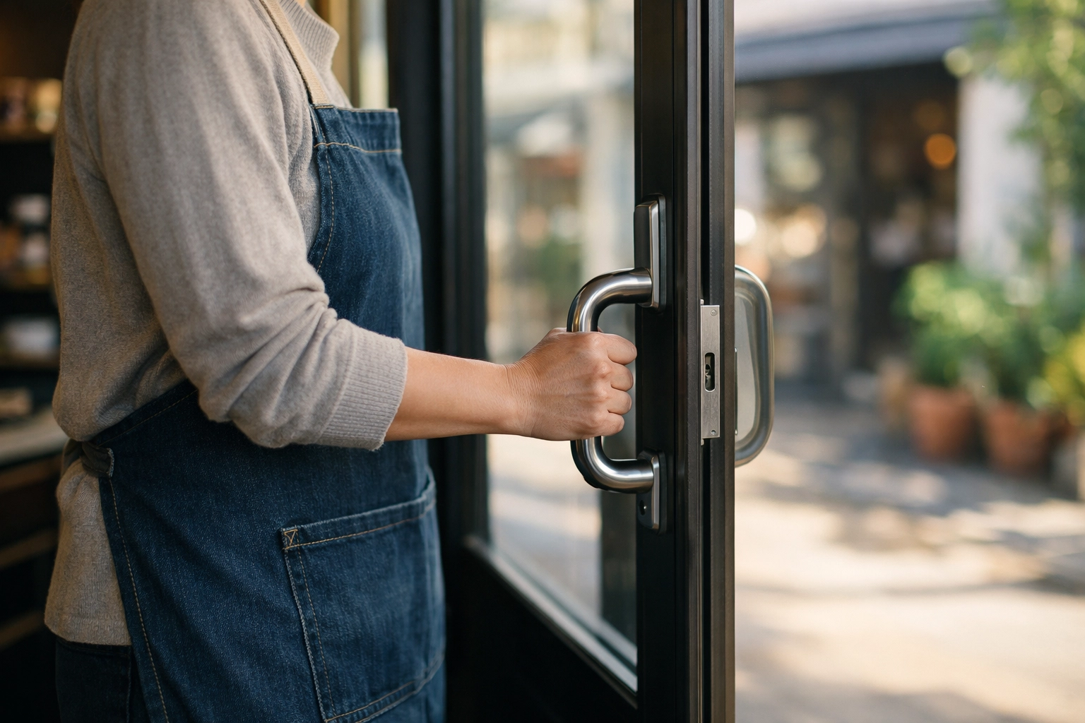 Local business owner in a welcoming storefront doorway