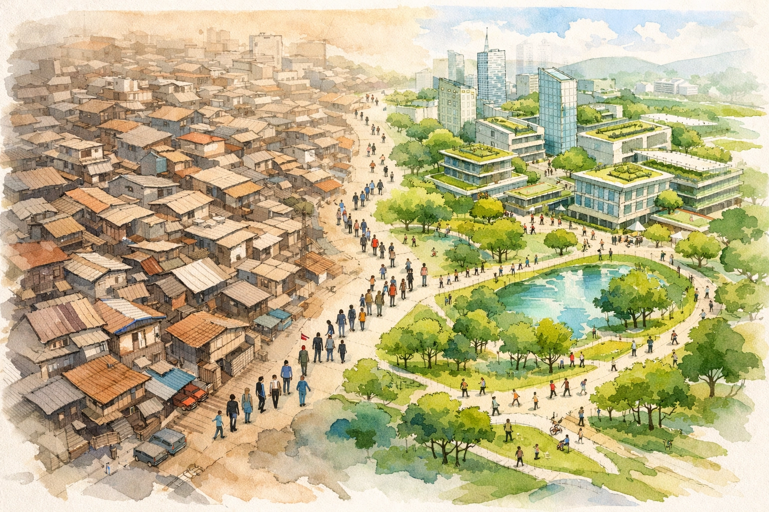 Aerial view showing urban transformation from traditional neighborhoods to modern sustainable development