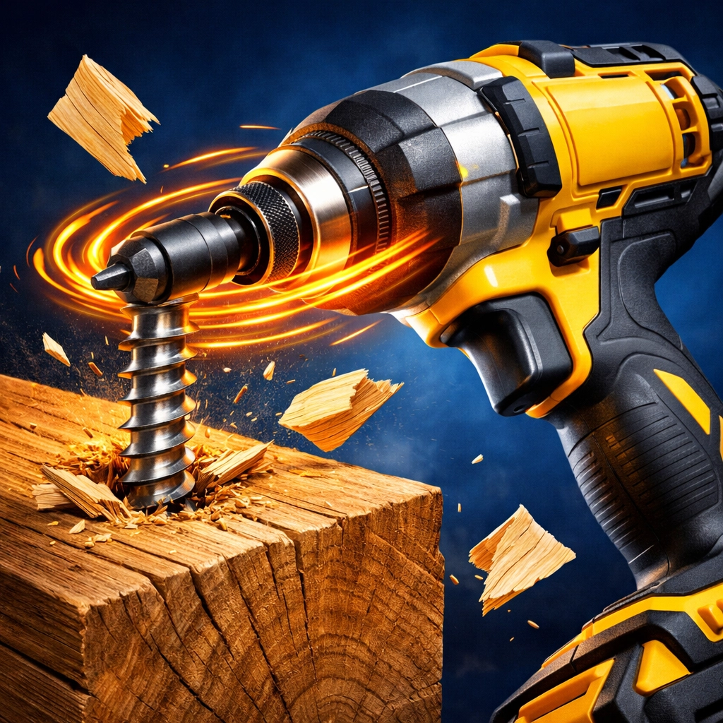 Professional impact driver fastening a screw into a beam, demonstrating high-torque jobsite power.