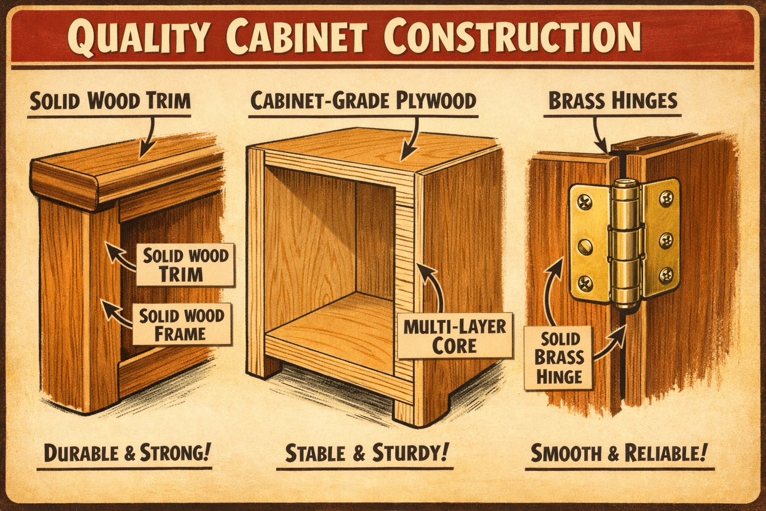 Quality cabinet construction materials showing plywood and brass hardware components