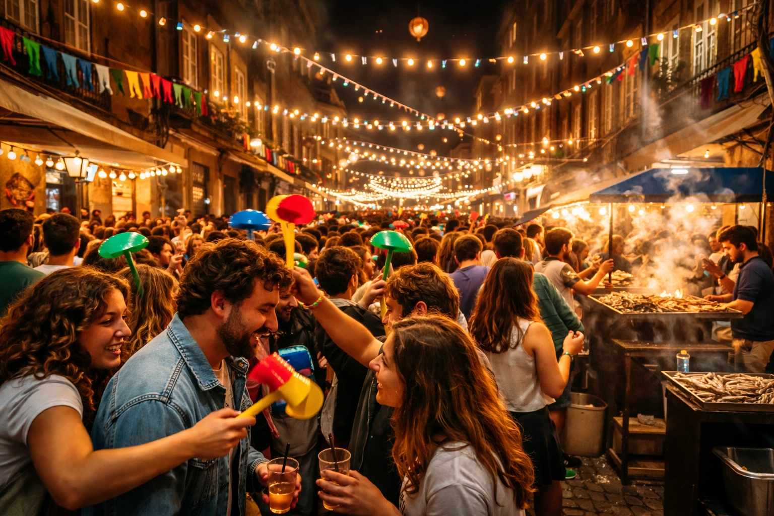 Lively São João street scene with plastic hammers in Porto/Braga