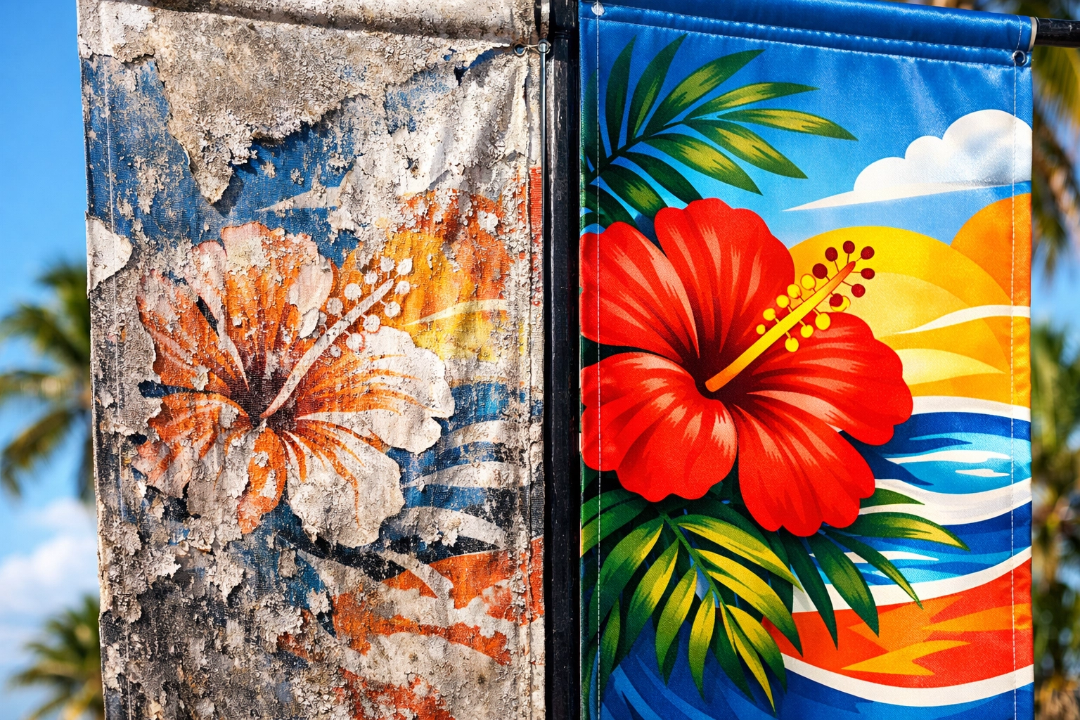 Weather-damaged banner vs pristine banner in Kona showing how Hawaii salt air affects sign materials