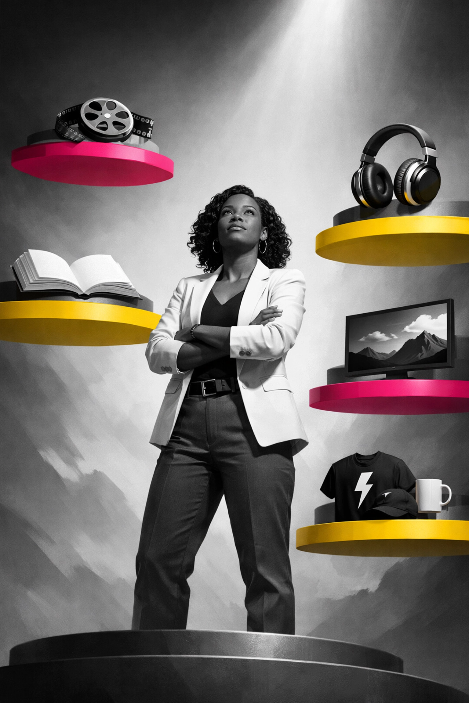 Artist entrepreneur viewing multiple revenue stream platforms including books, film, and merchandise