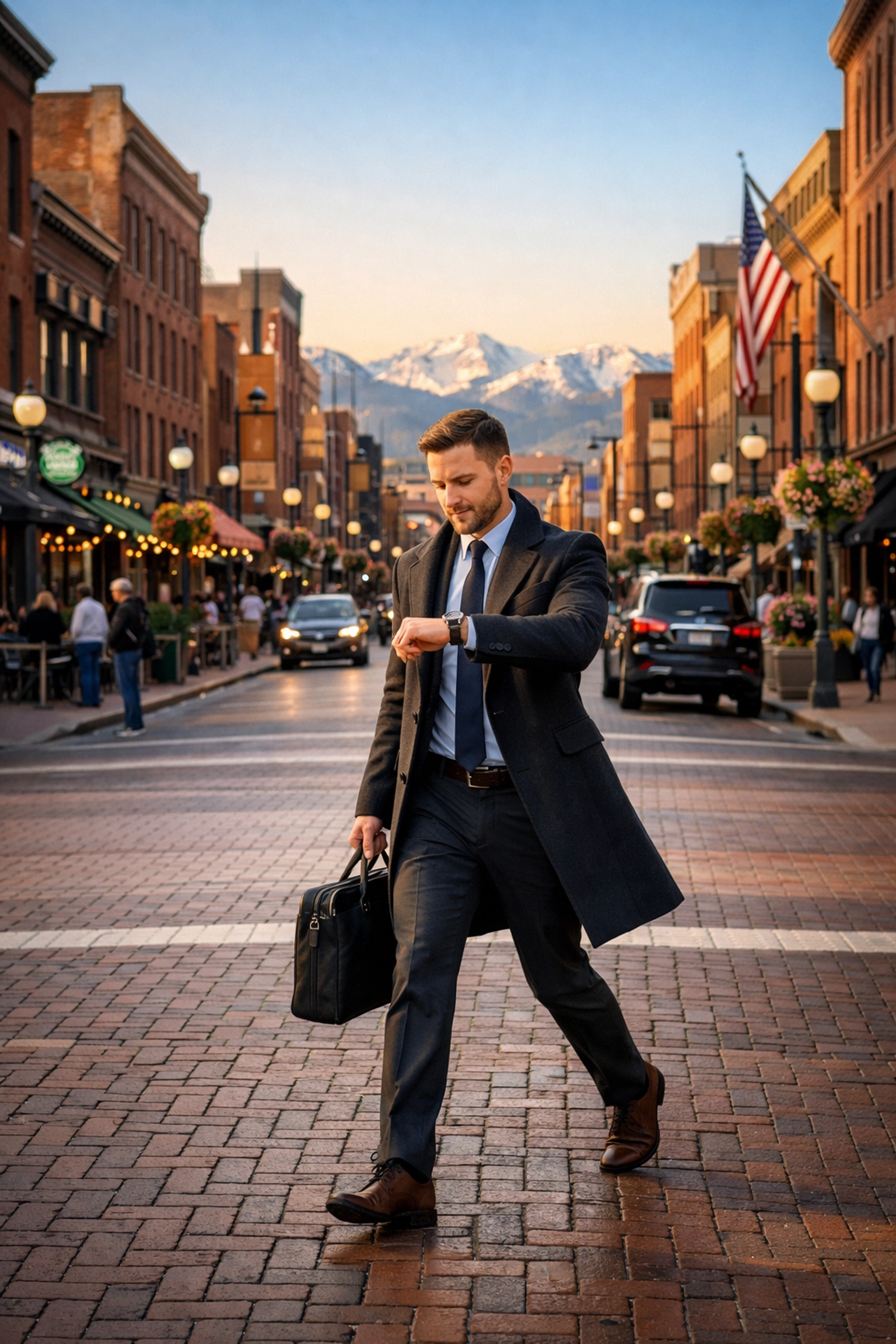 Business traveler checking a smartwatch in Denver's LoDo district with the Front Range nearby.