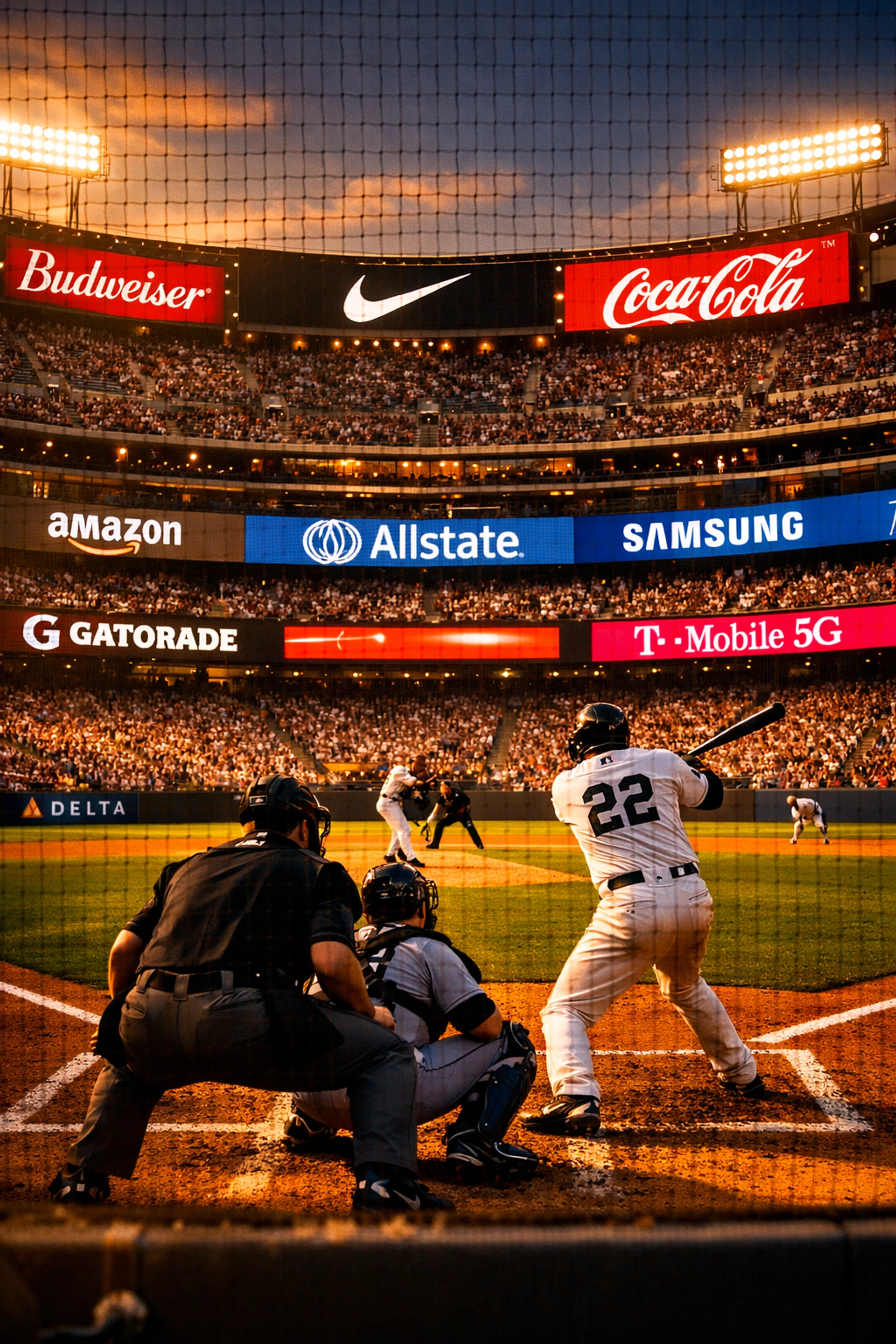 Baseball stadium featuring integrated digital billboard advertising displays throughout venue