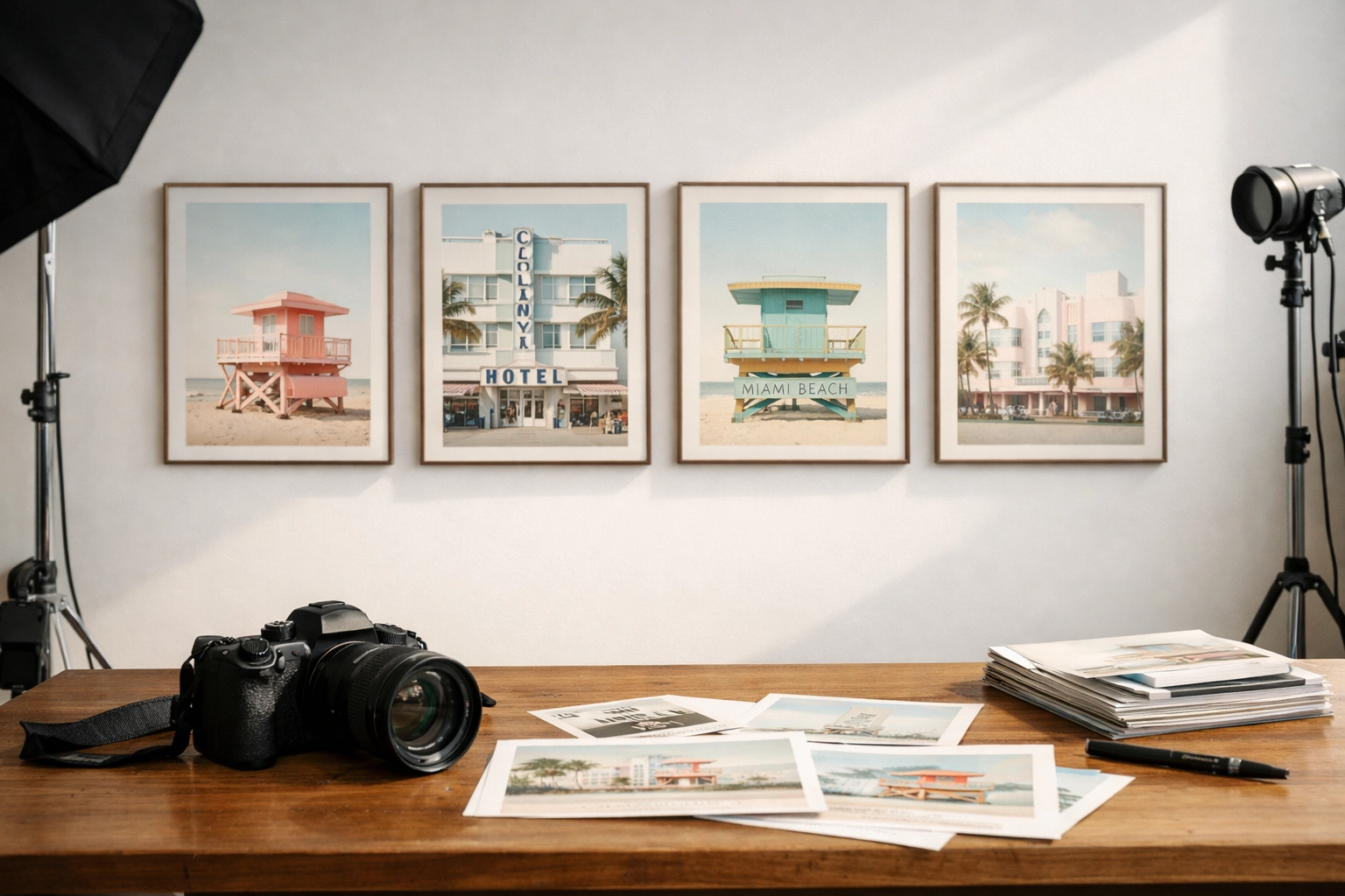 A cohesive fine art photography portfolio displayed in a studio, reflecting a consistent ethereal style.