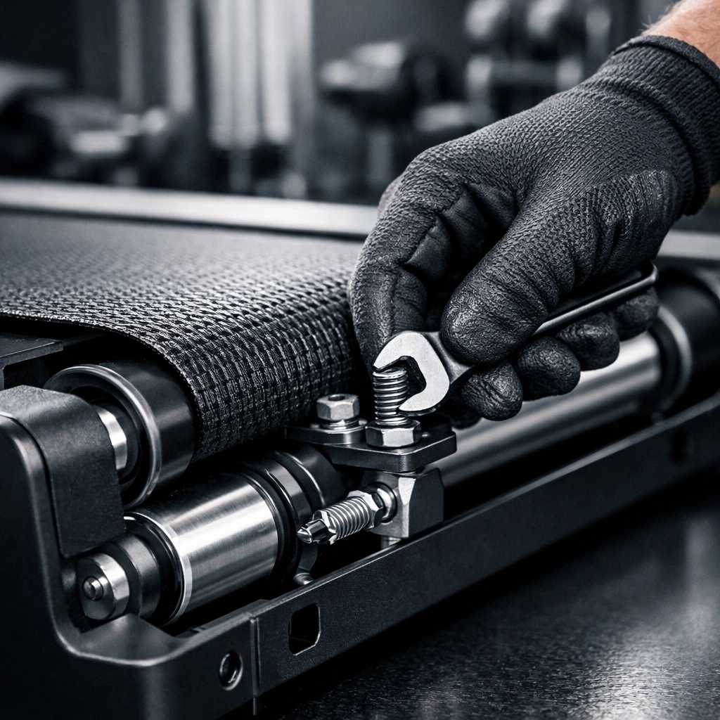 Professional technician adjusting treadmill belt tension to fix friction issues and mysterious error codes.