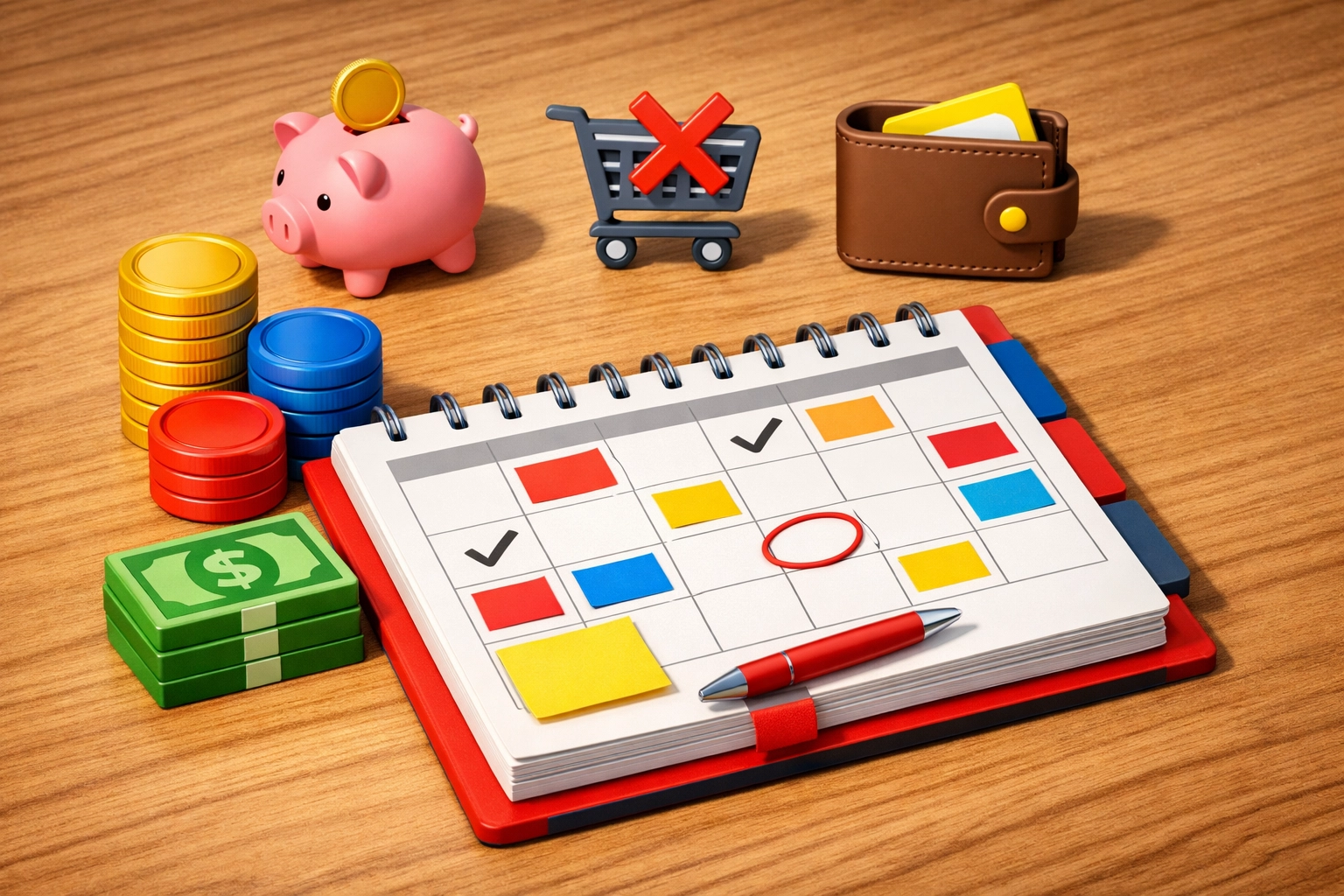 Financial planning calendar with stacked coins showing short-term savings goals and progress