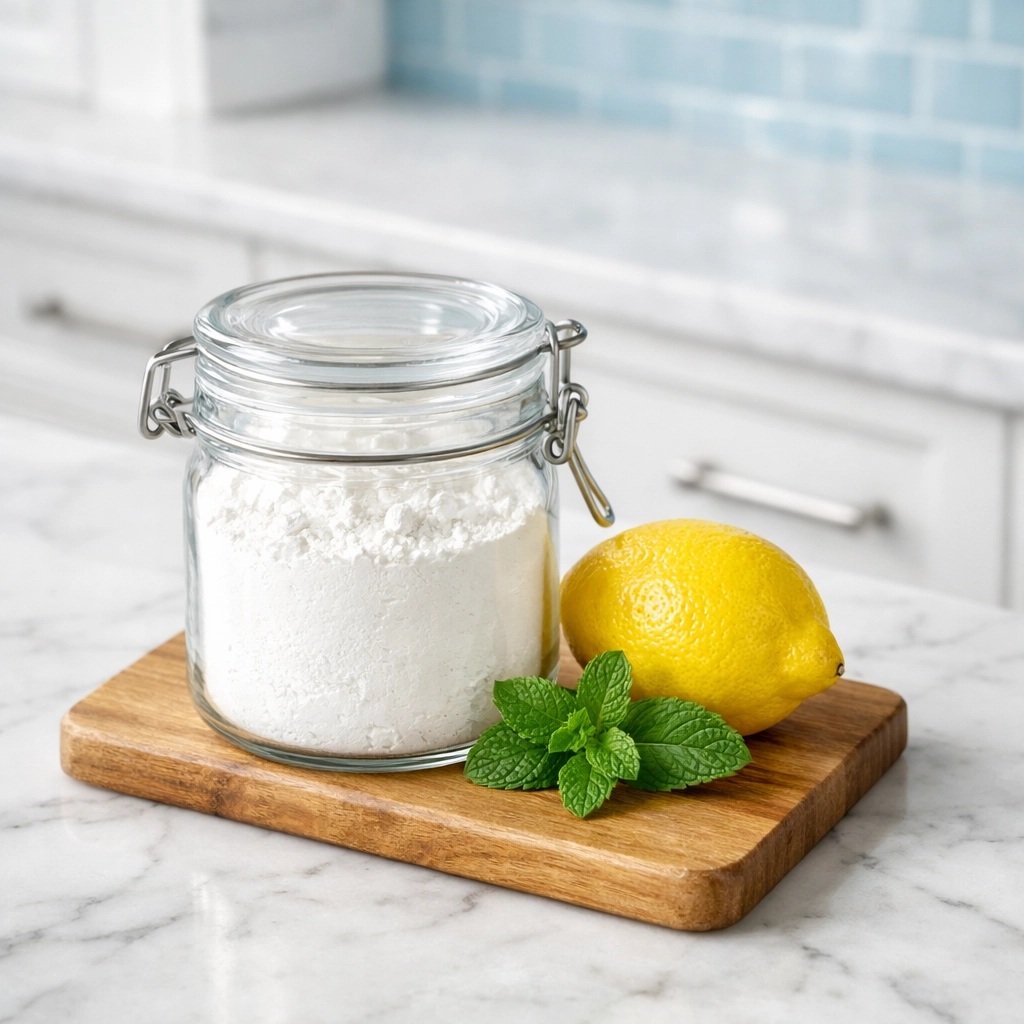 Natural cleaning ingredients including cornstarch and lemon on a modern marble kitchen counter.