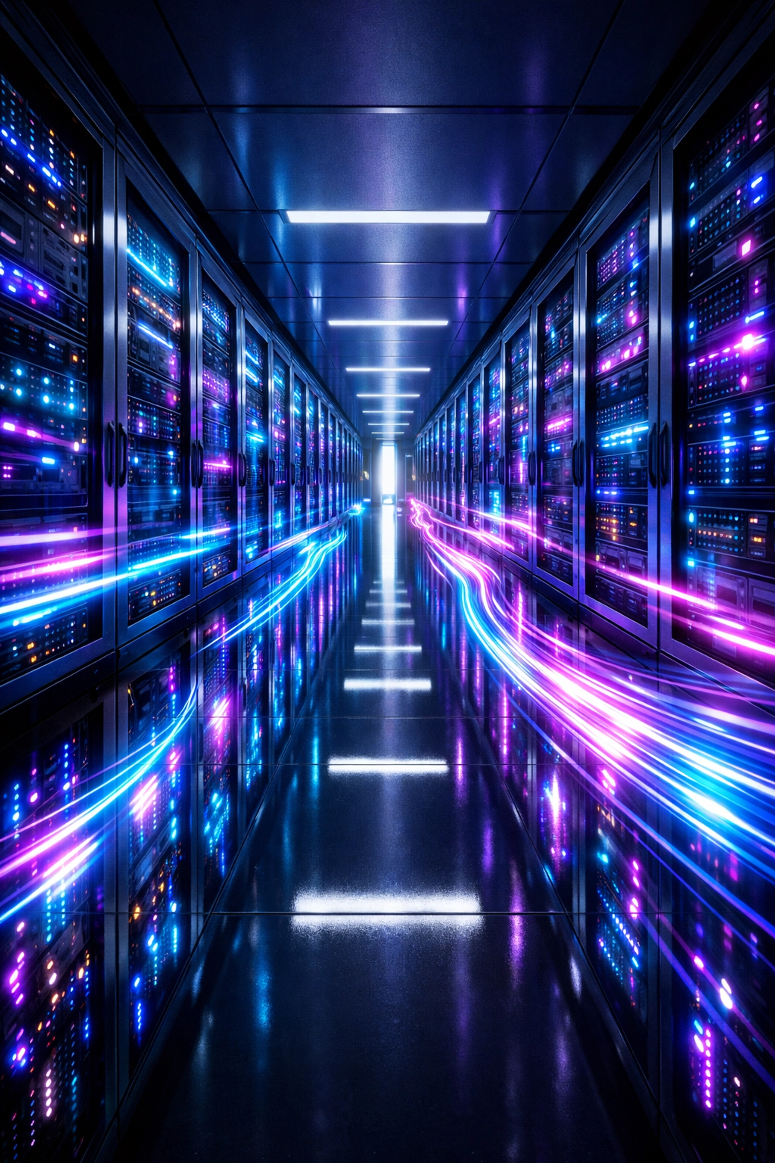 High-speed server racks in a modern data center optimized for fast-loading managed WordPress hosting.