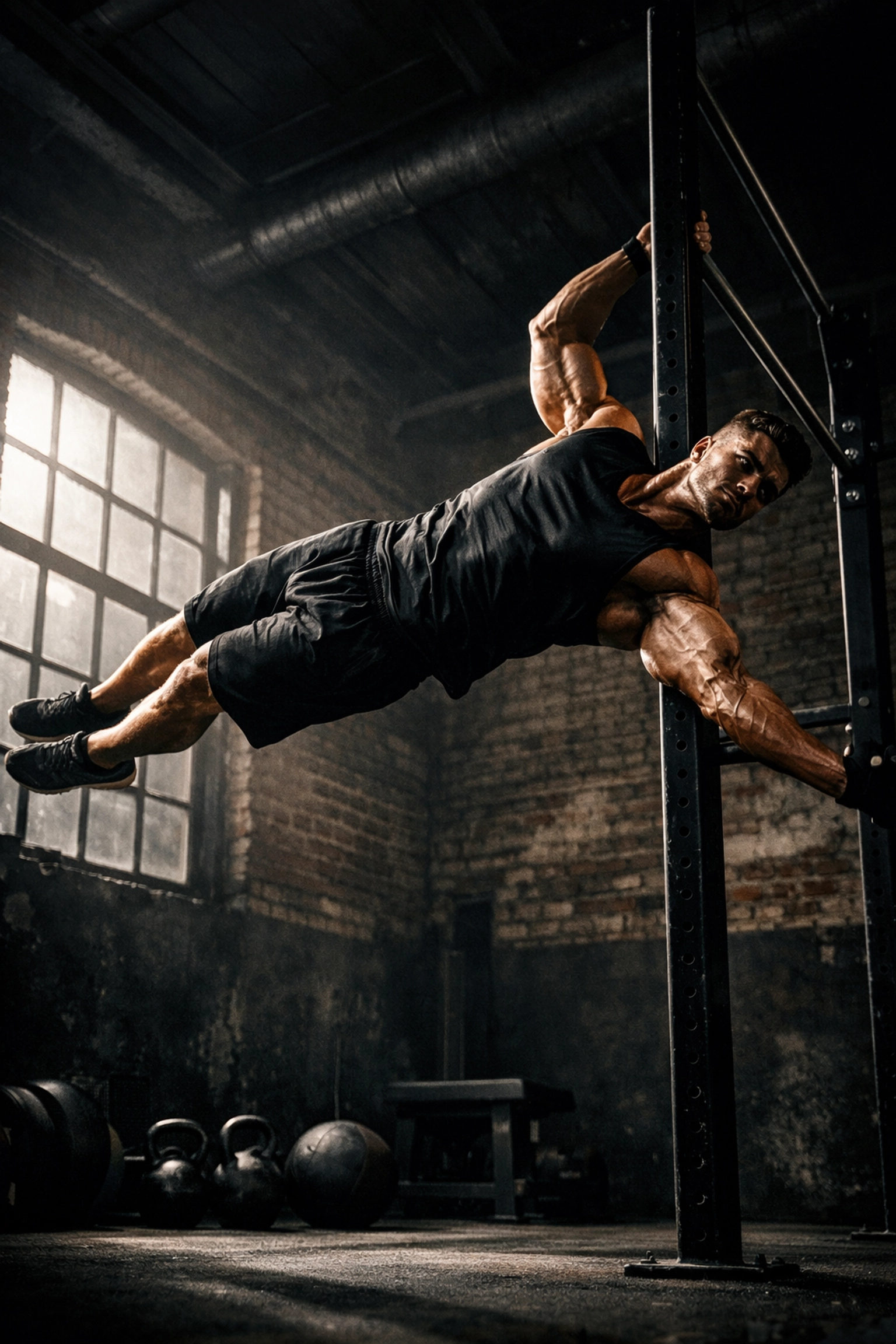 Athlete performing a human flag using professional calisthenics equipment in an industrial home gym.