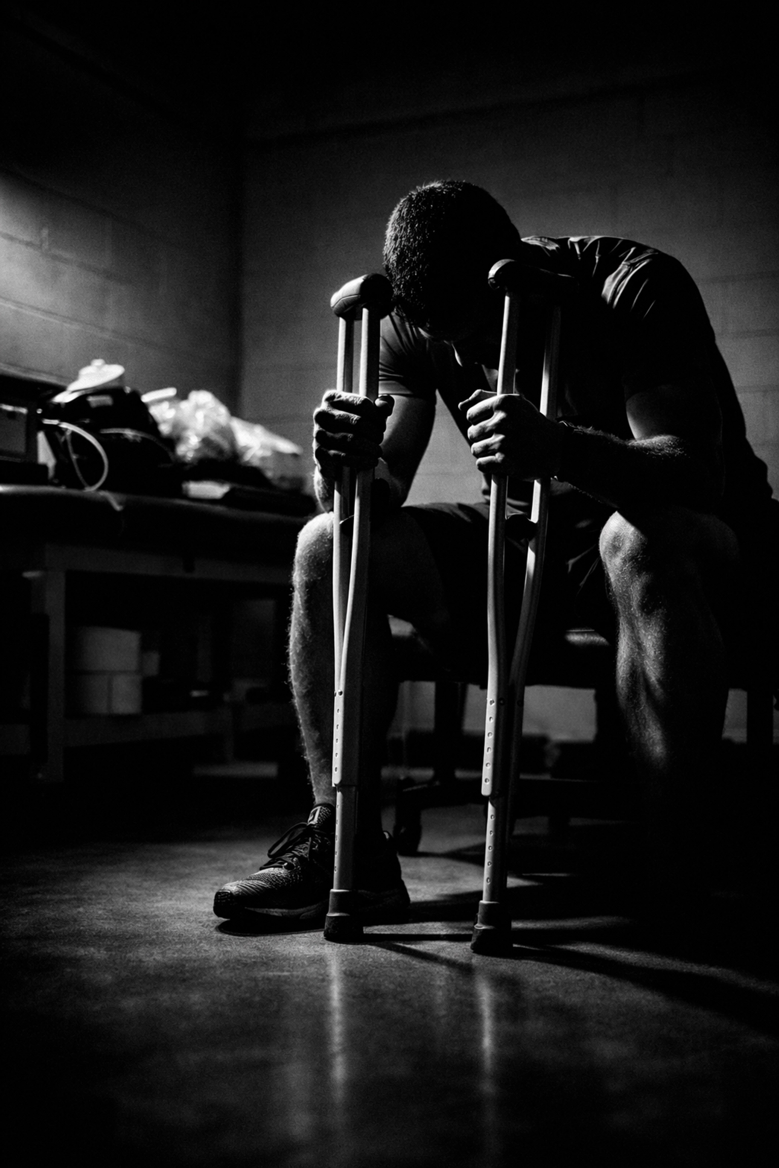 Injured athlete sitting alone in training room with crutches showing mental isolation during sports injury recovery