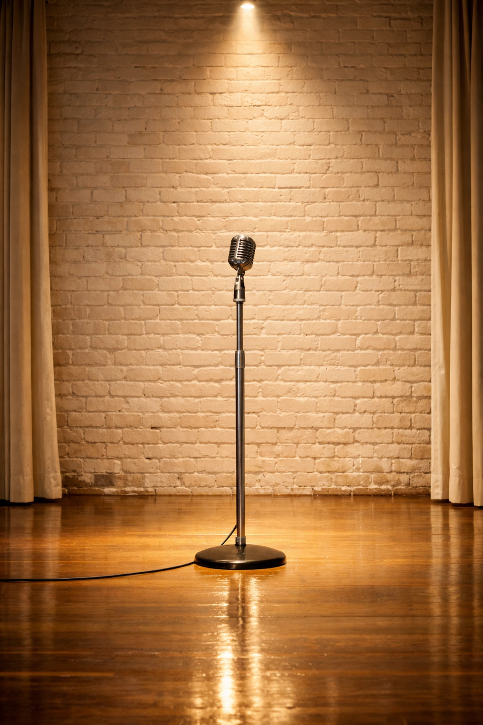 Vintage microphone on a comedy stage, representing weekend fun instead of house cleaning in Greenville, SC.